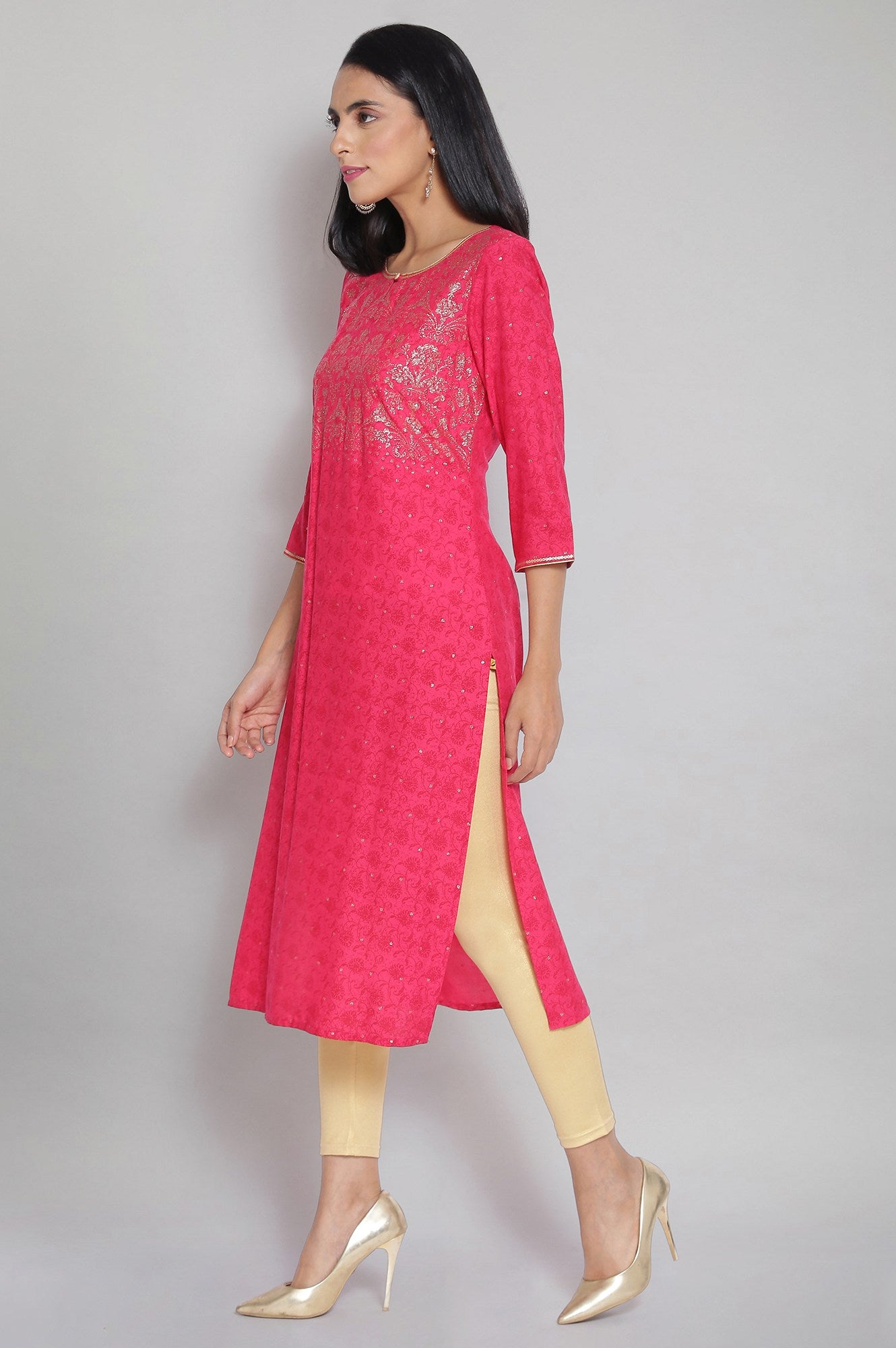 Pink Round Neck Printed Straight kurta