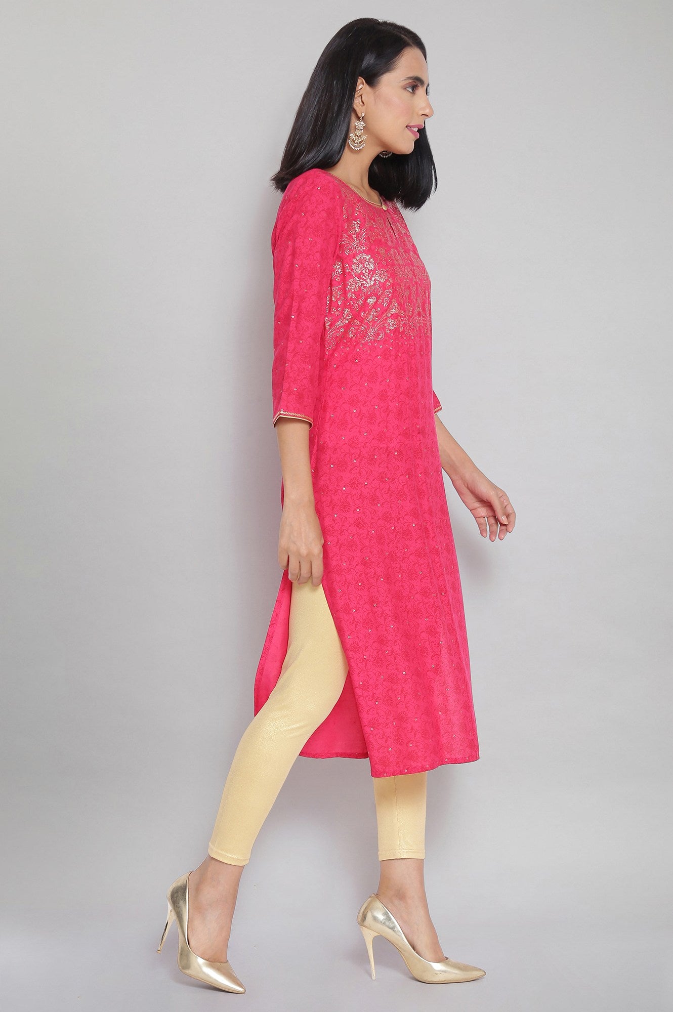 Pink Round Neck Printed Straight kurta