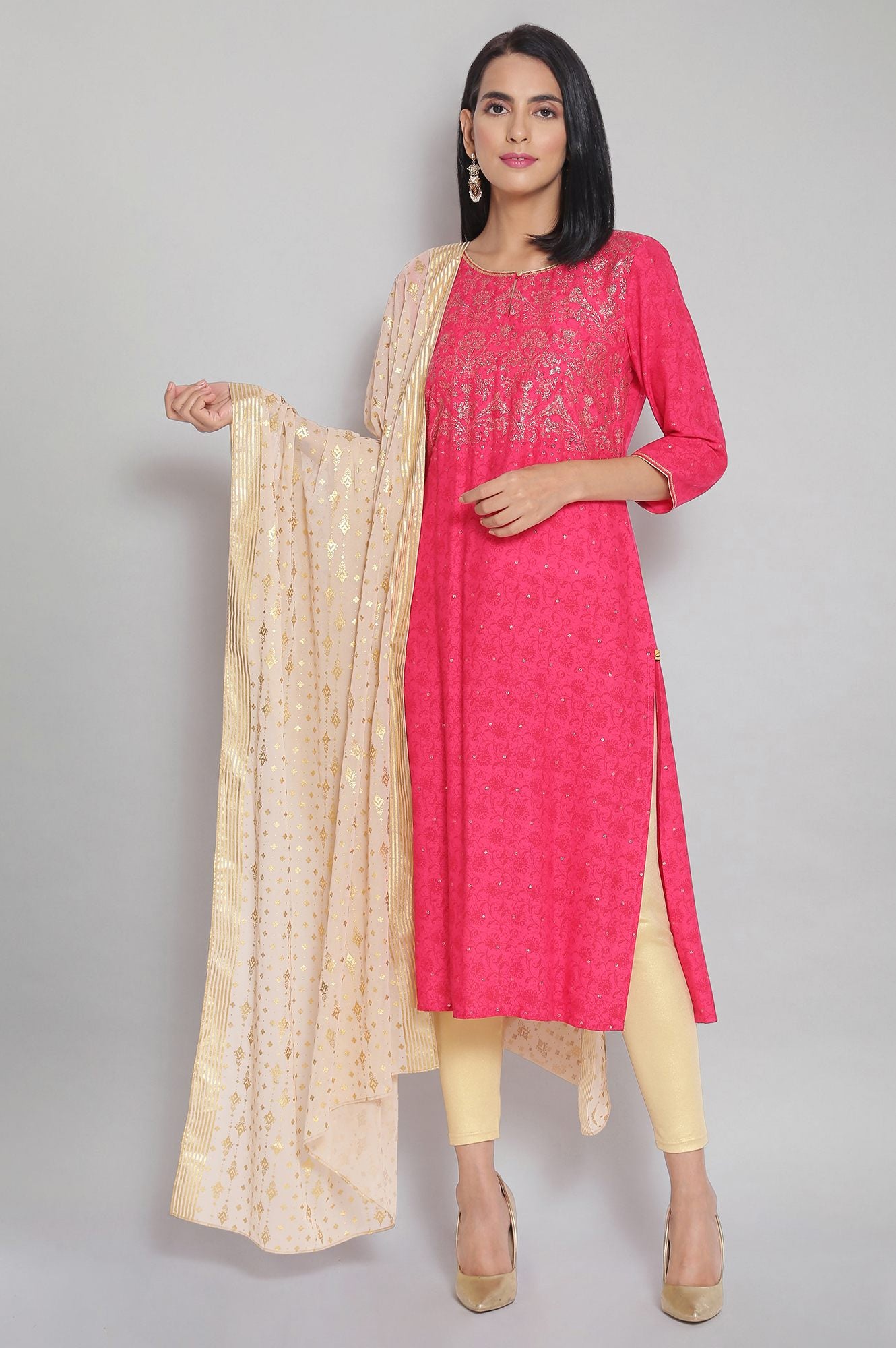 Pink Round Neck Printed Straight kurta