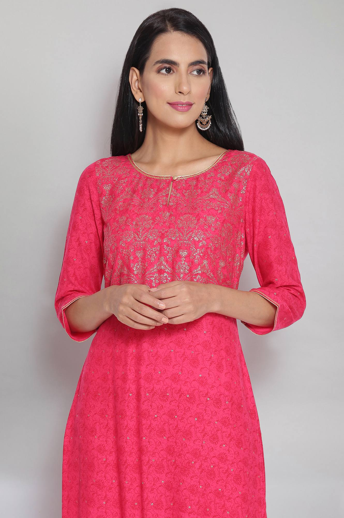 Pink Round Neck Printed Straight kurta