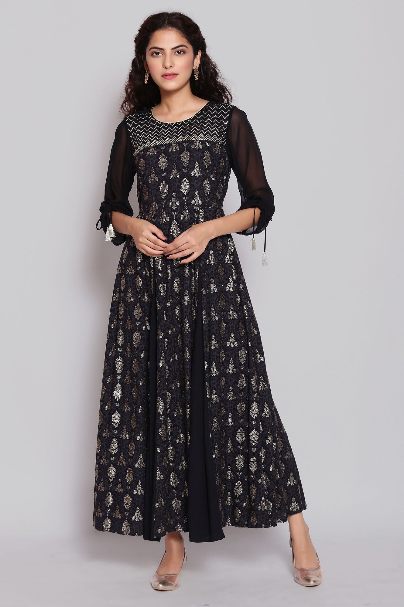 Black Foil Print Flared Dress