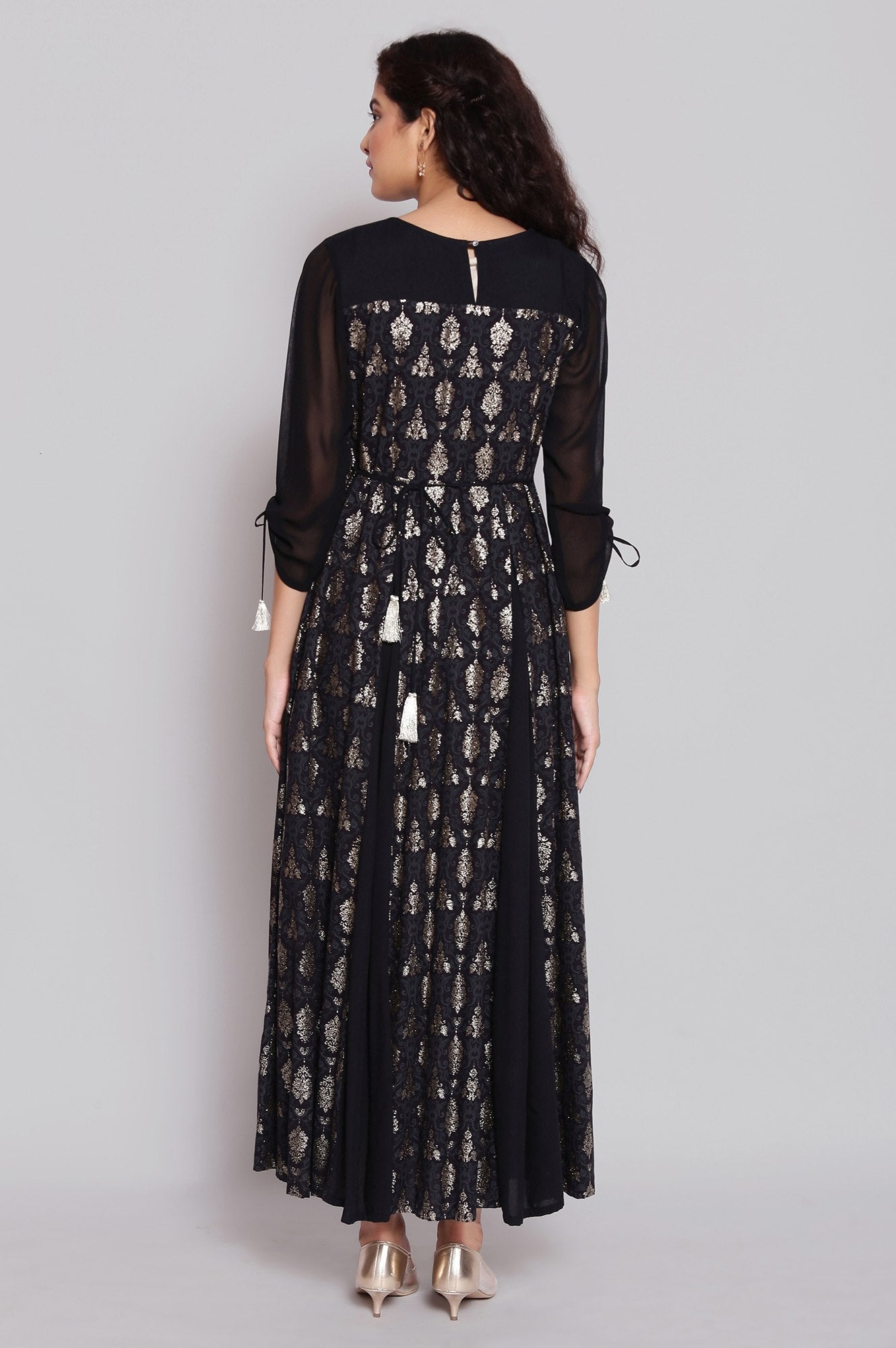 Black Foil Print Flared Dress