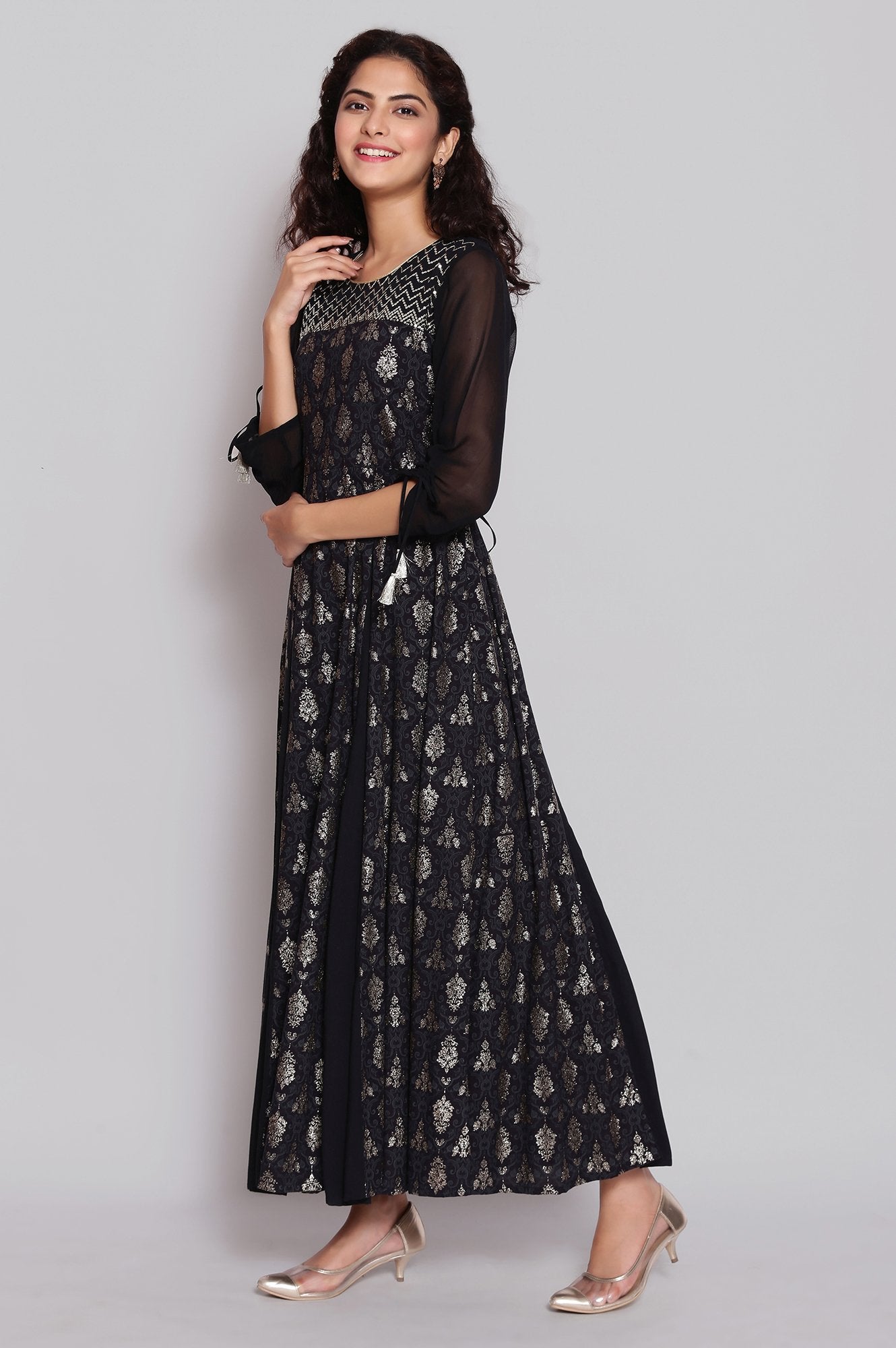 Black Foil Print Flared Dress