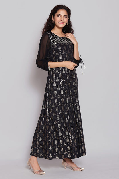 Black Foil Print Flared Dress