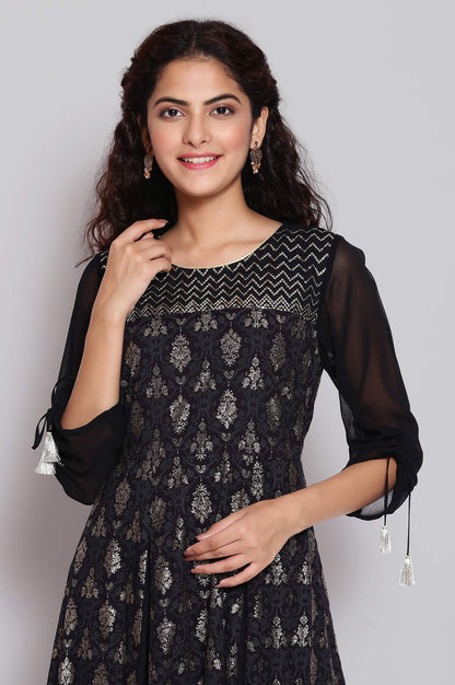 Black Foil Print Flared Dress