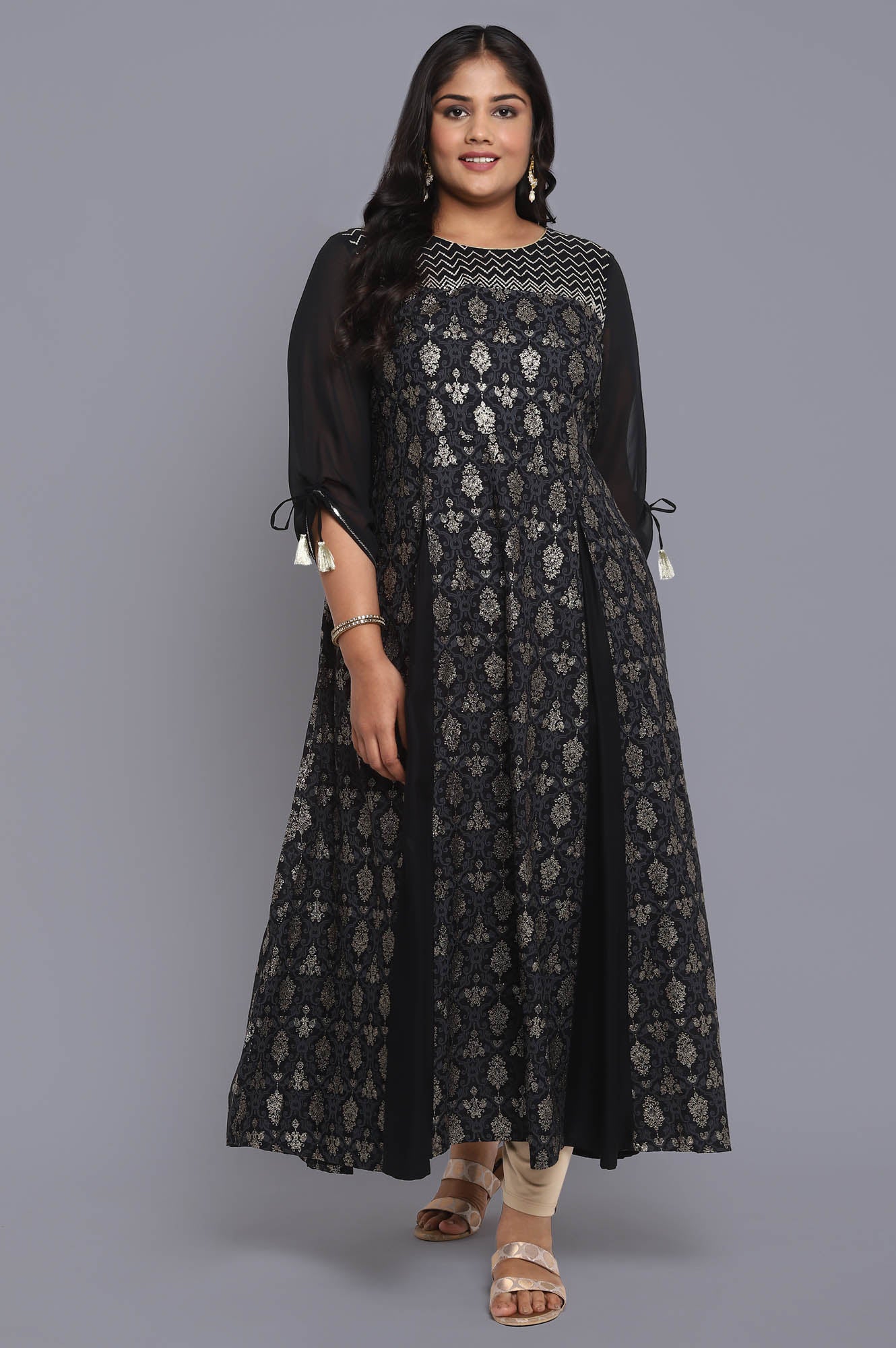 Black Foil Print Flared Dress