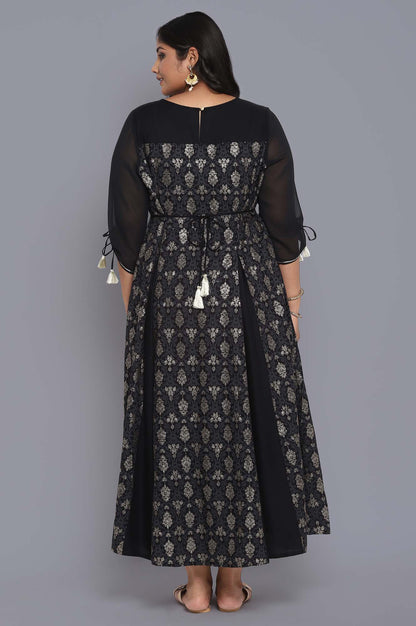 Black Foil Print Flared Dress