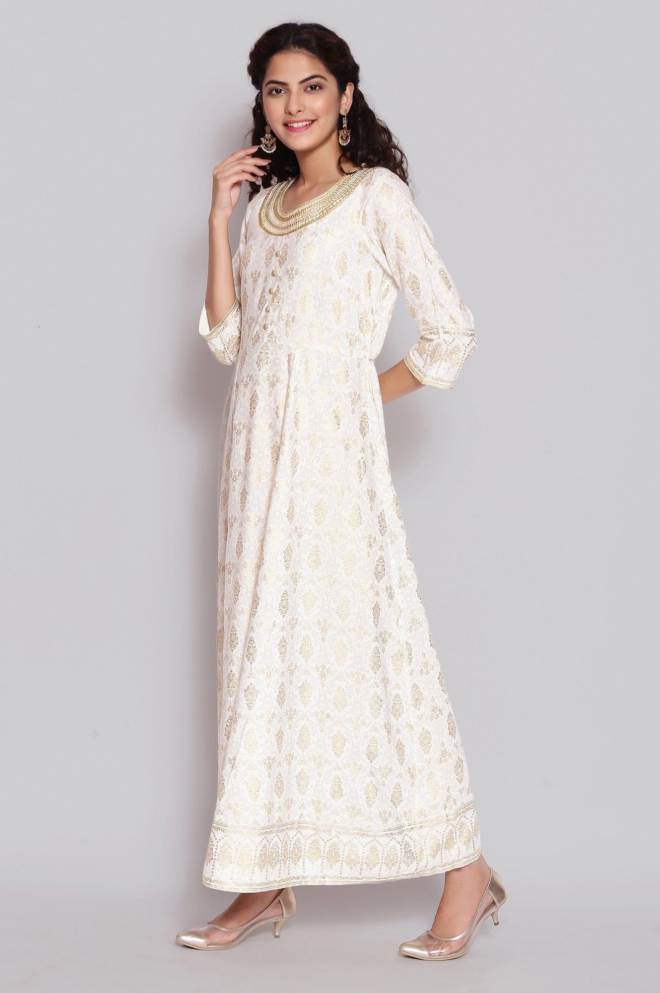 White Foil Print Flared Dress