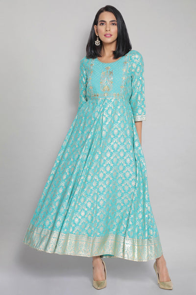 Teal Print Flared Dress