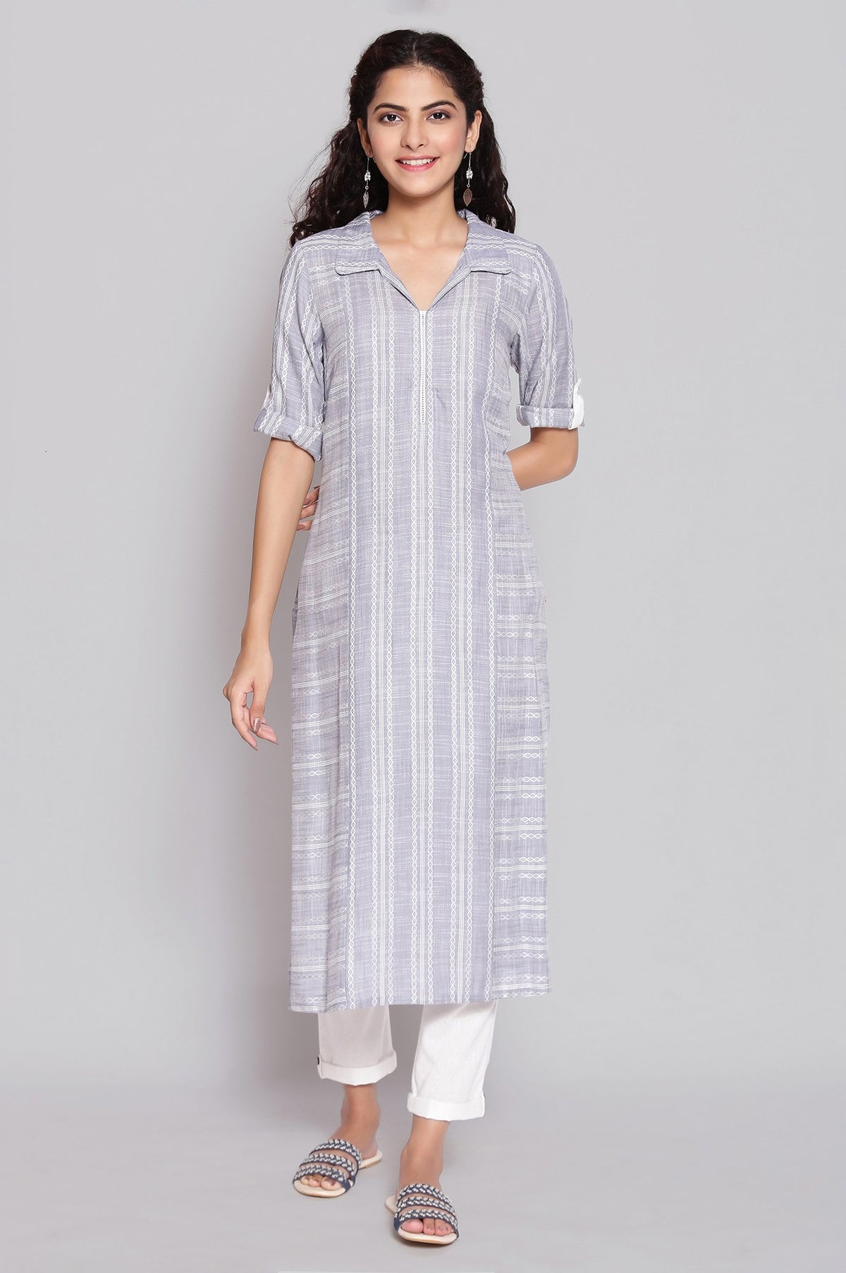 Dusty Blue Shirt Collar Straight kurta - XS