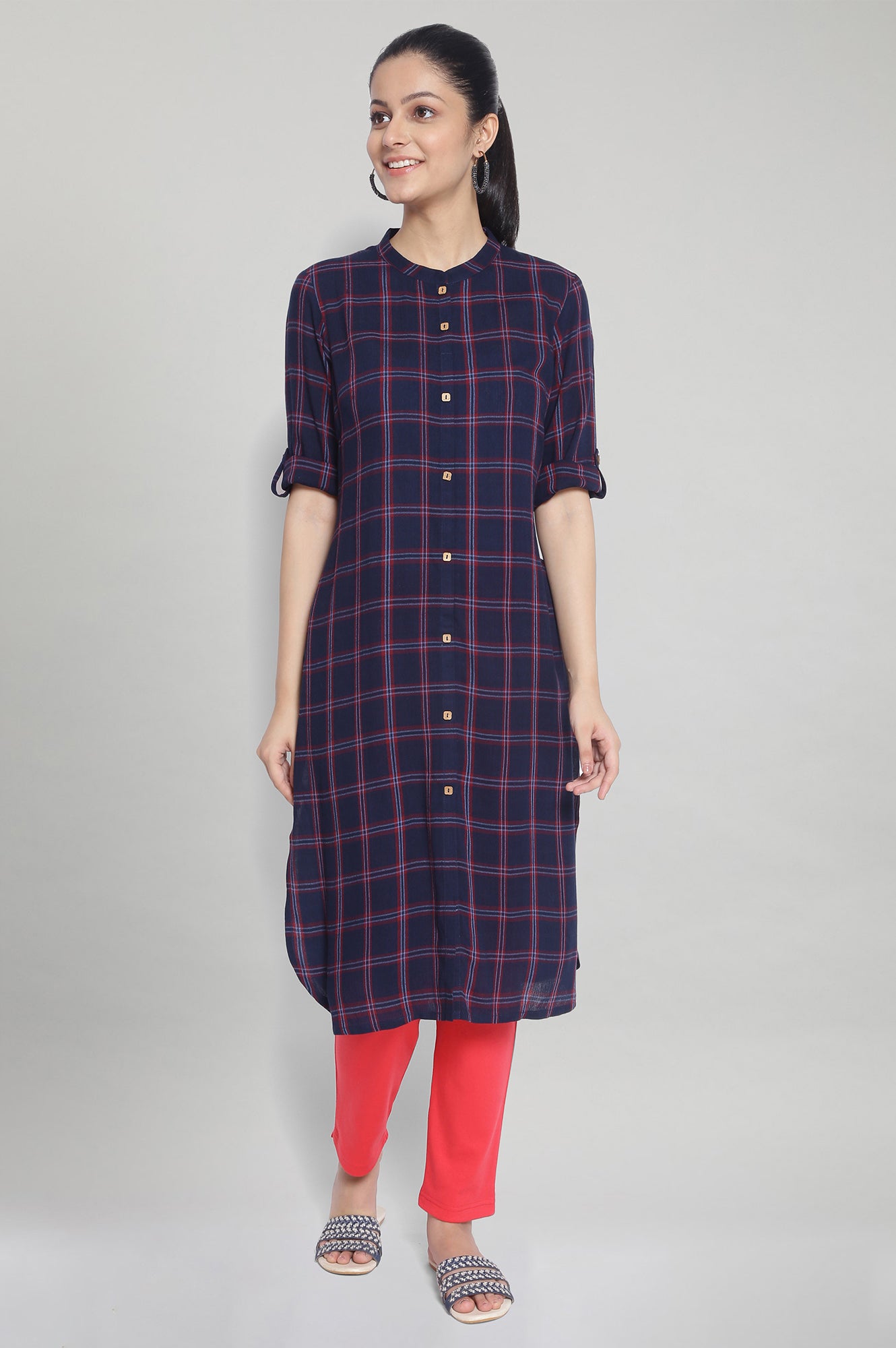 Navy Check Print kurta