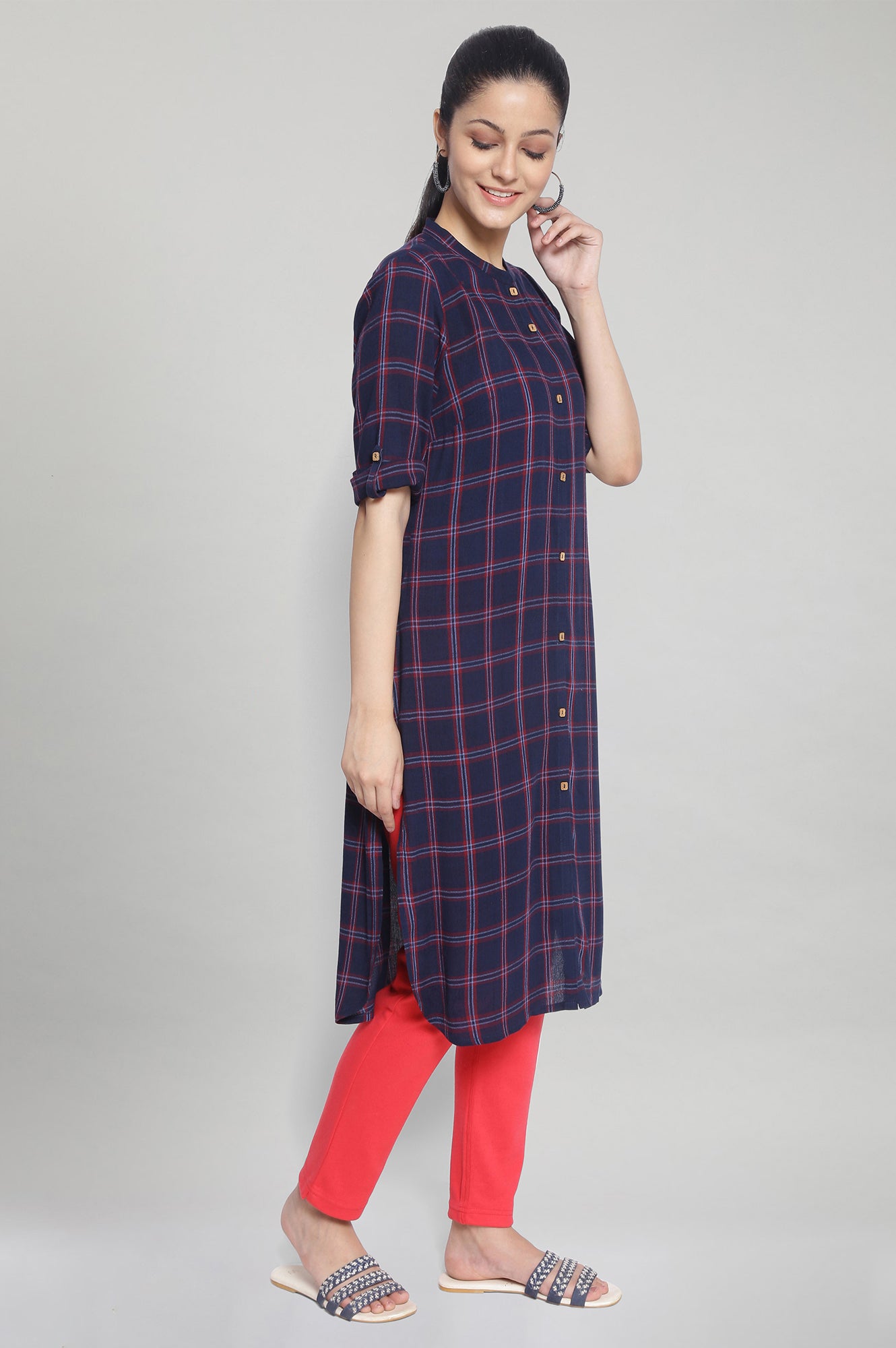 Navy Check Print kurta