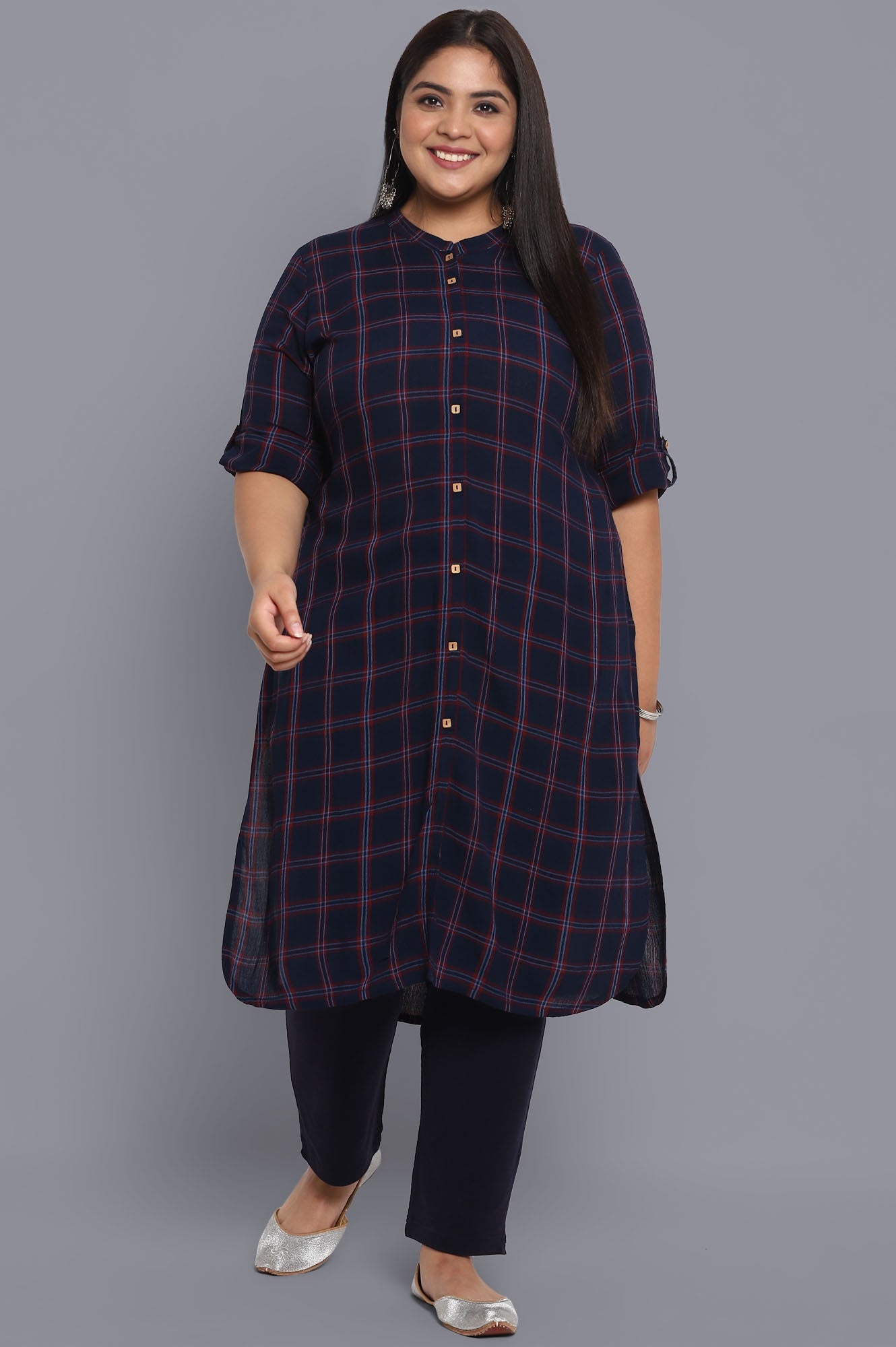 Navy Check Print kurta