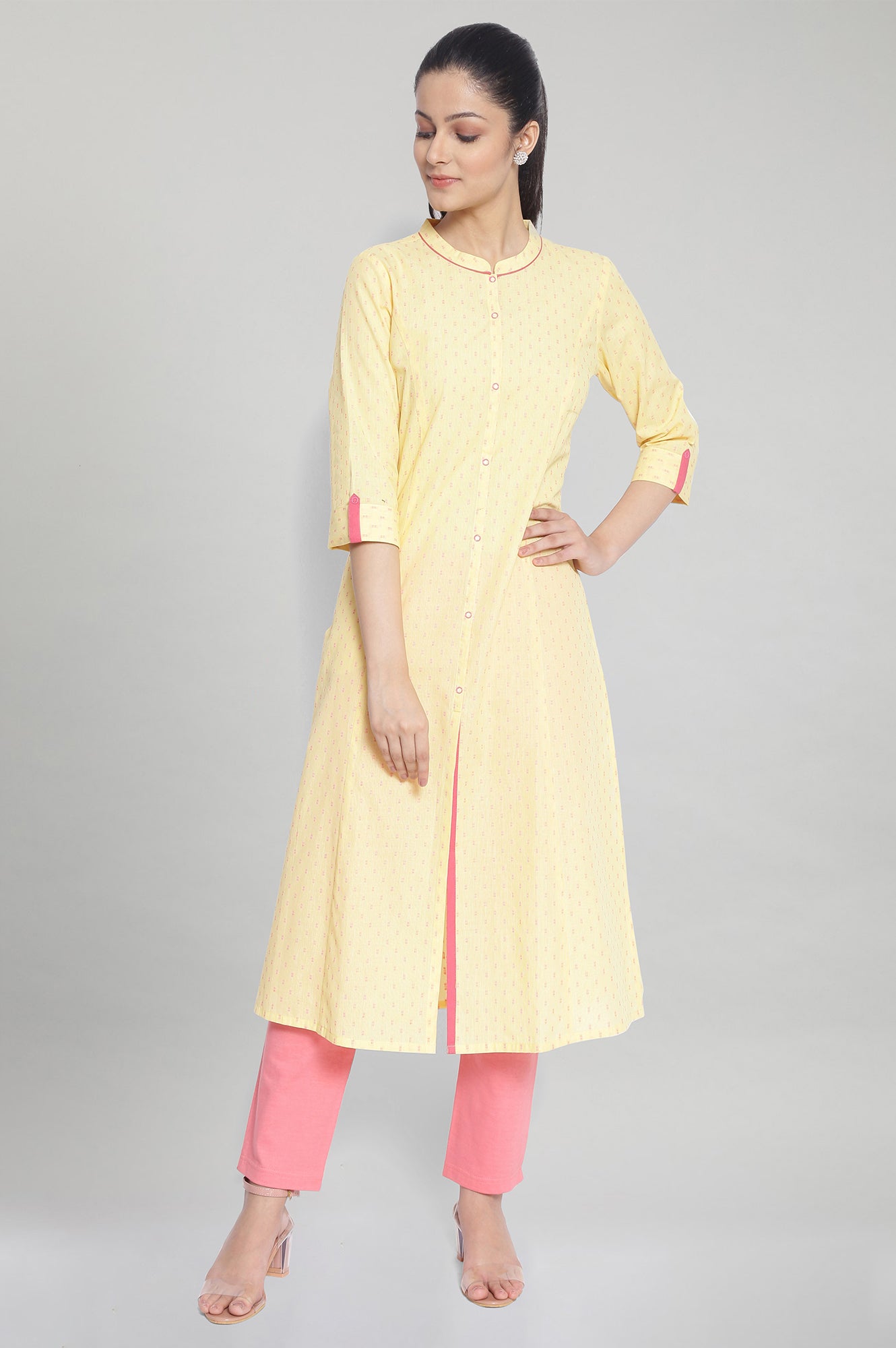 Yellow Band Collar Printed kurta