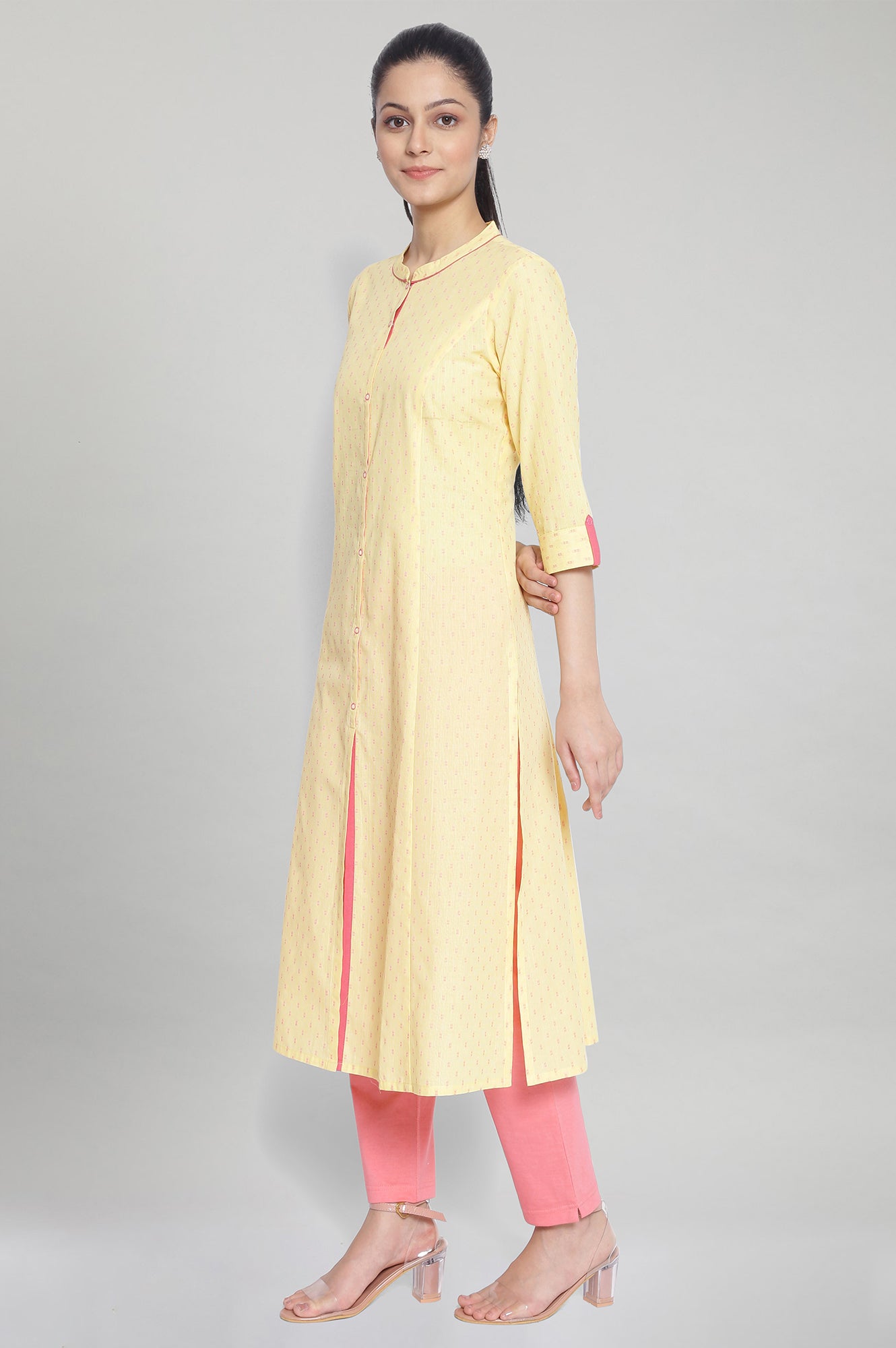 Yellow Band Collar Printed kurta