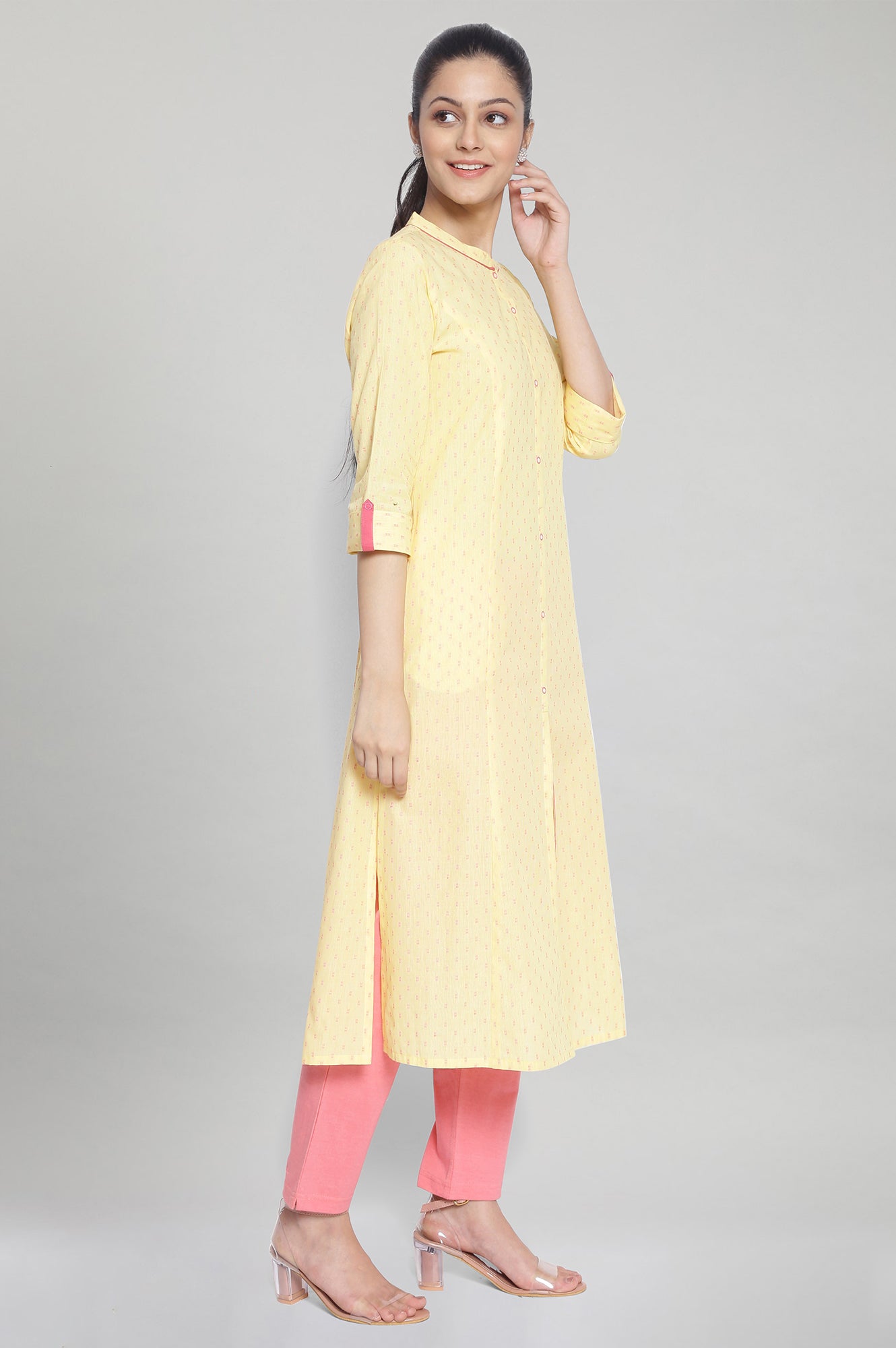 Yellow Band Collar Printed kurta