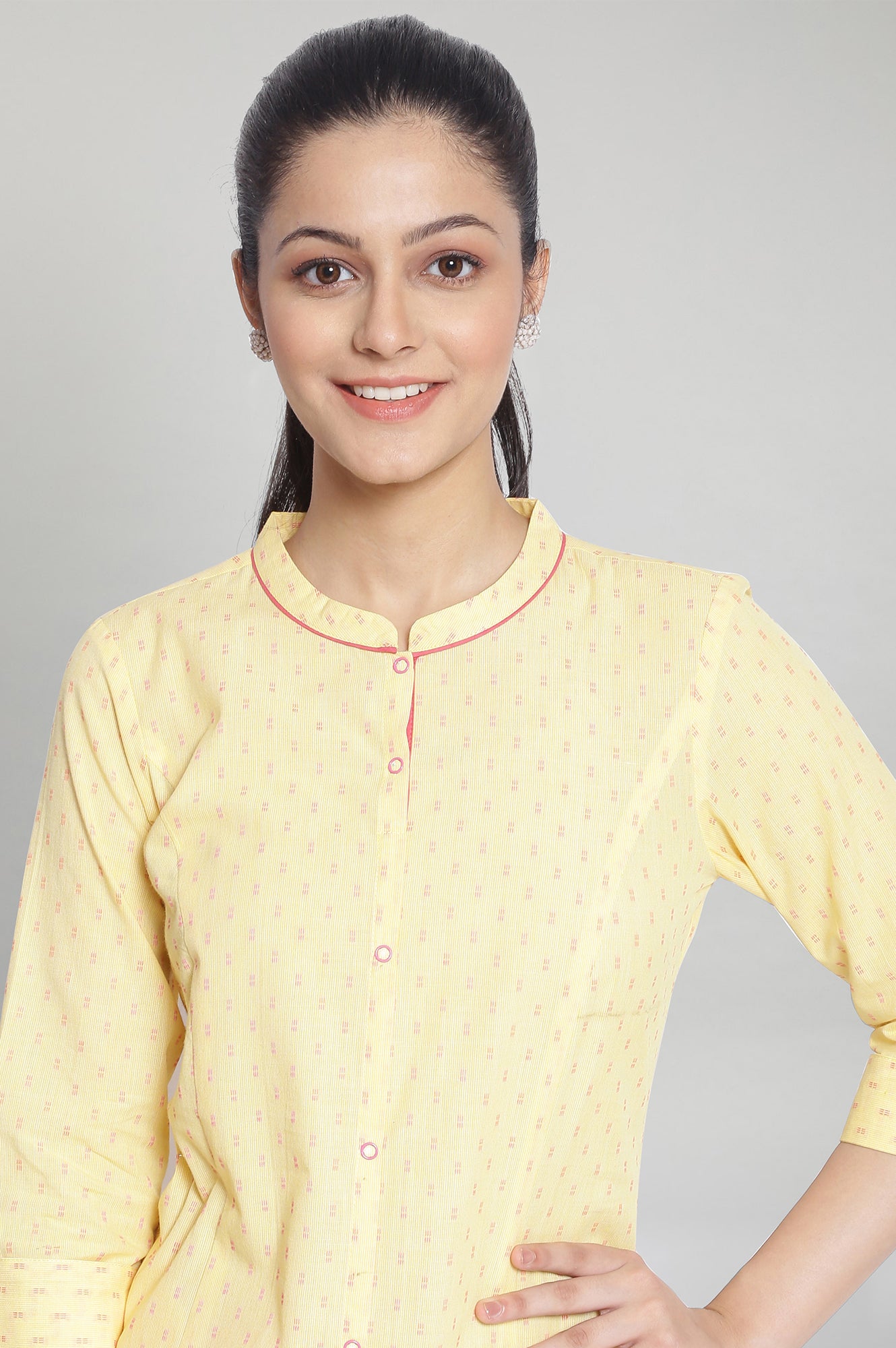 Yellow Band Collar Printed kurta