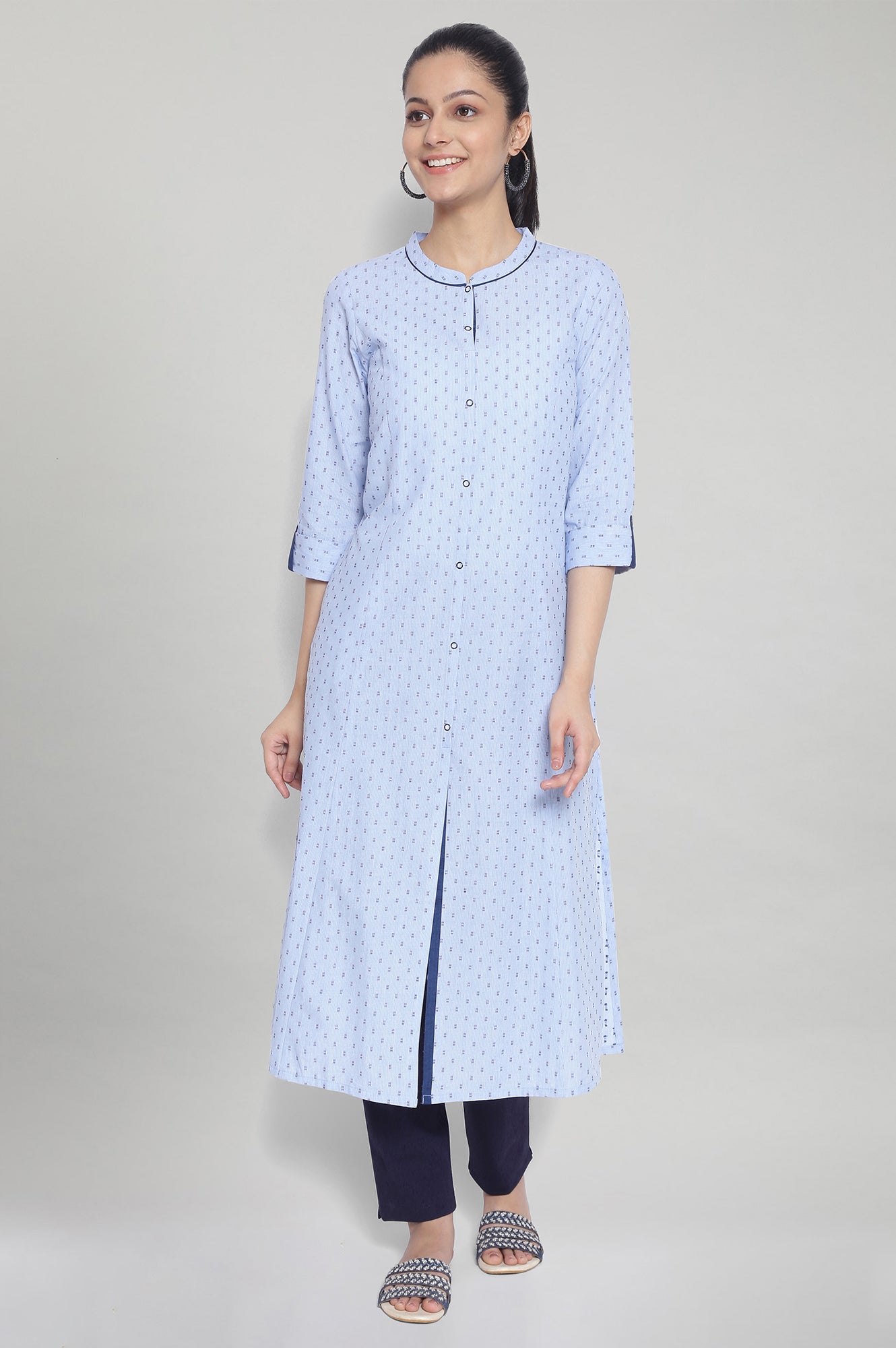 Blue Band Collar Printed kurta