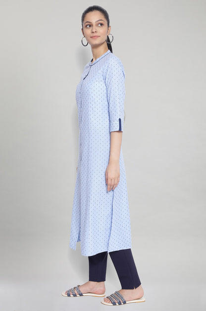 Blue Band Collar Printed kurta