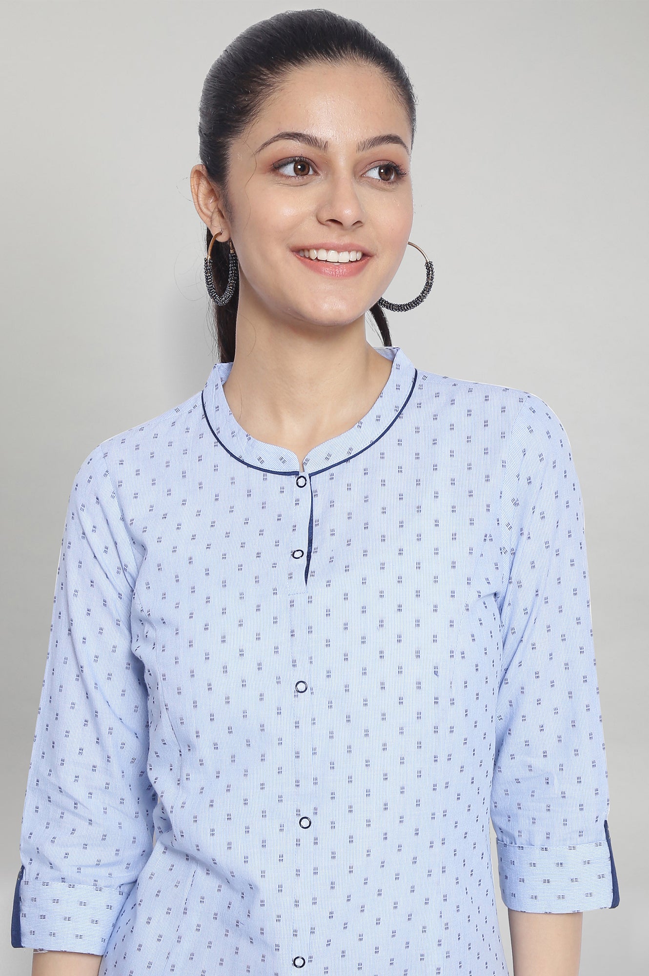 Blue Band Collar Printed kurta