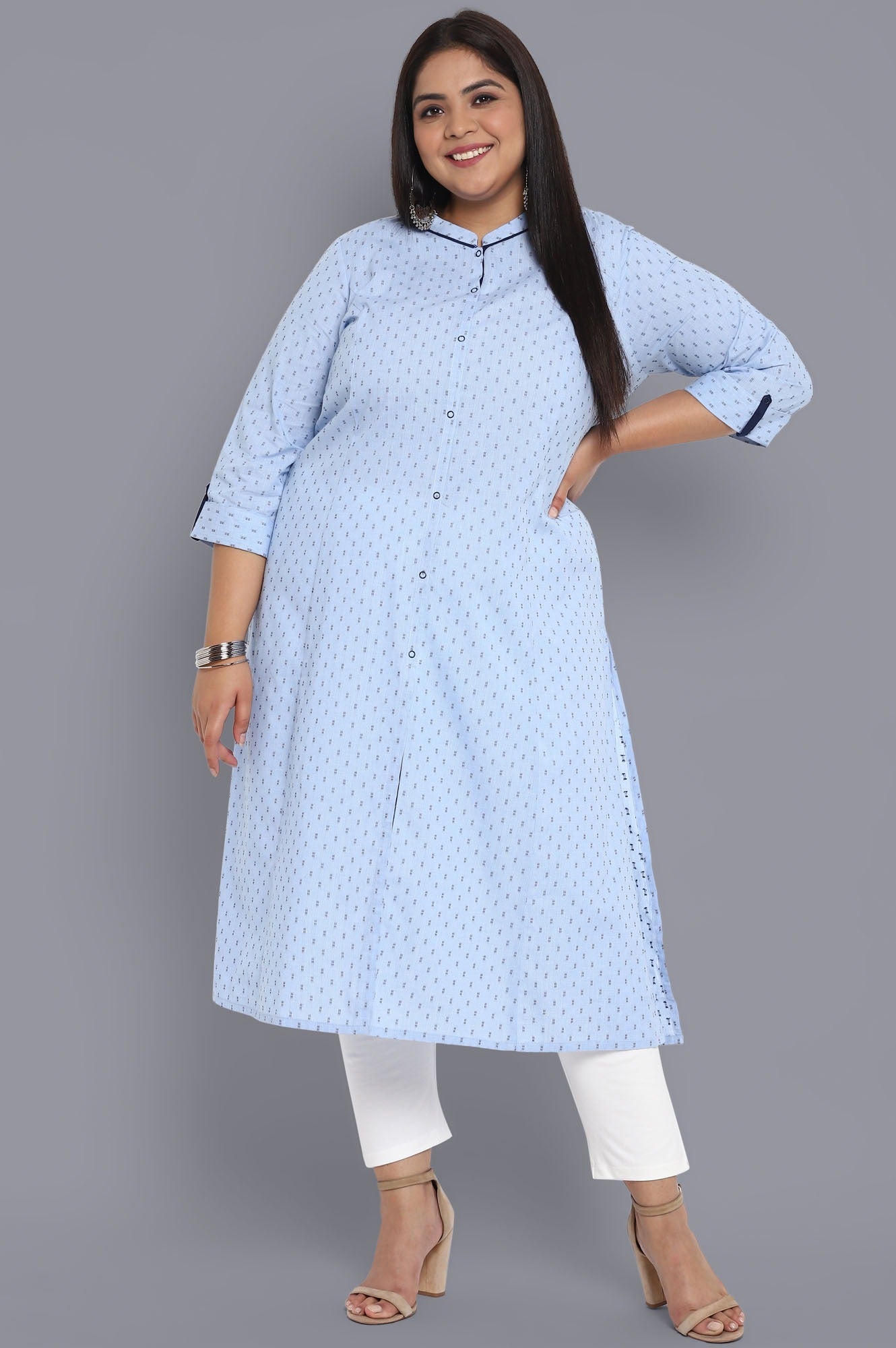 Blue Band Collar Printed kurta