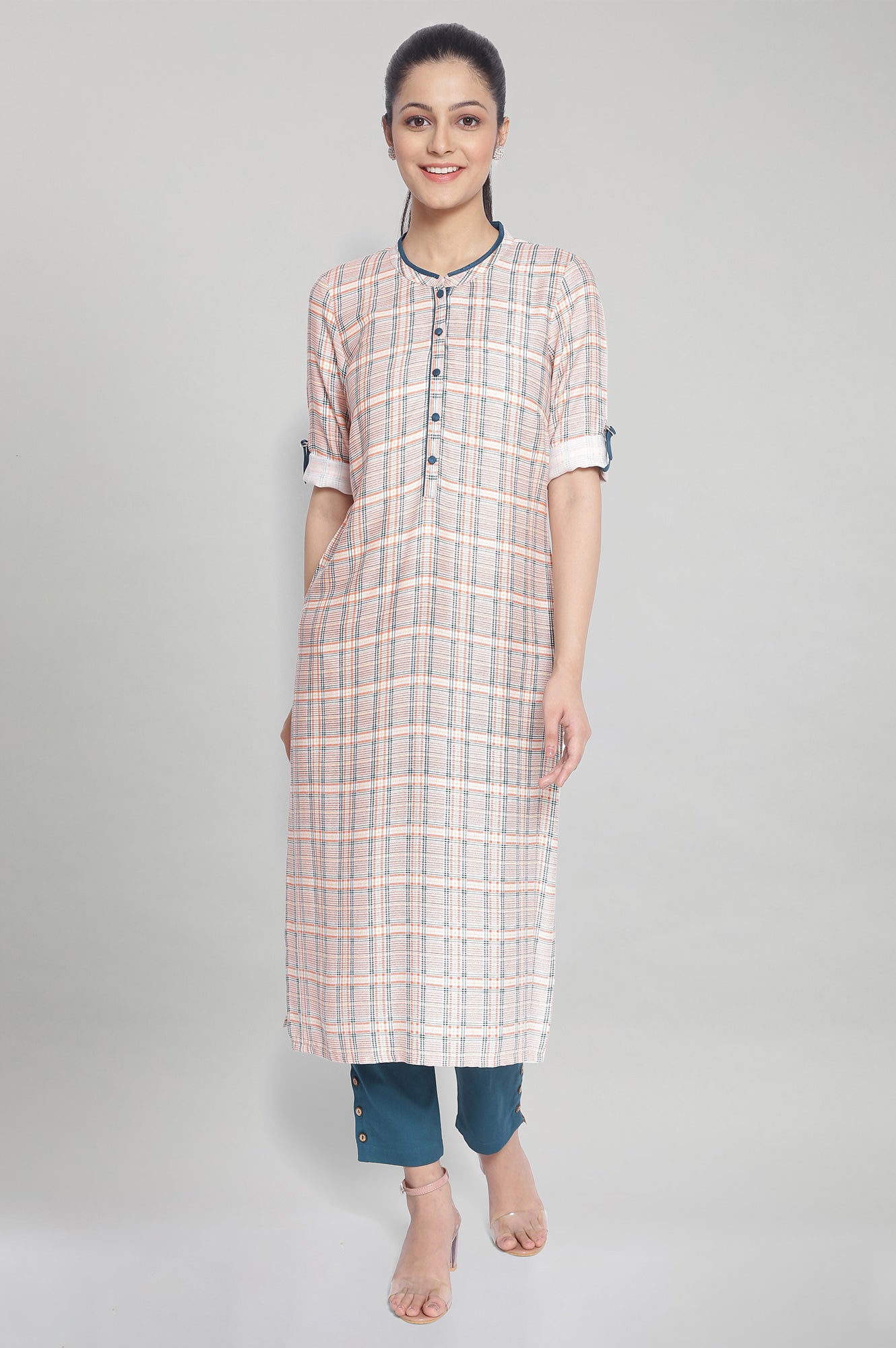 Off-White Mandarin Neck Check Print kurta