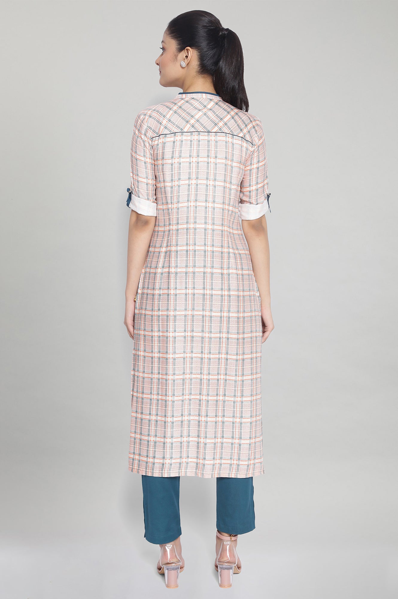 Off-White Mandarin Neck Check Print kurta