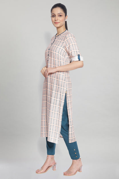 Off-White Mandarin Neck Check Print kurta