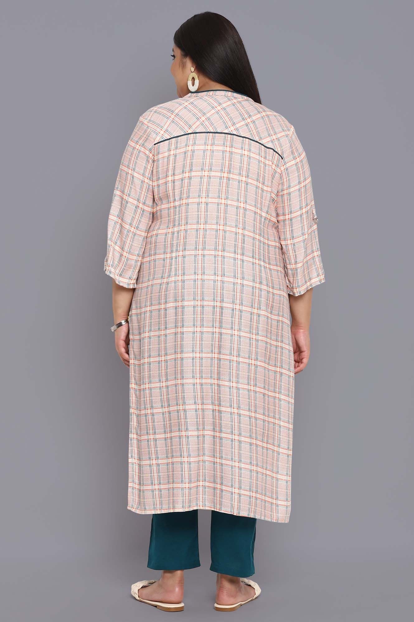 Off-White Mandarin Neck Check Print kurta