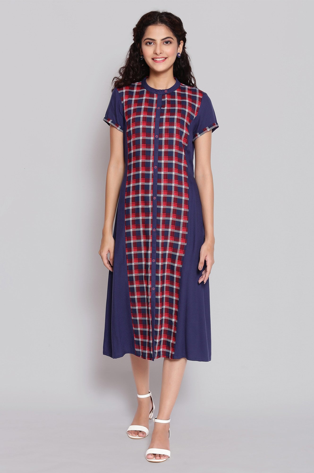 Dark Blue Mandarin Collar Gathered Dress