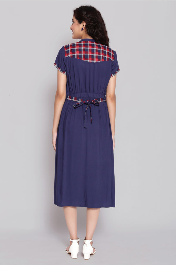 Dark Blue Mandarin Collar Gathered Dress