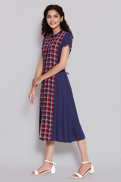Dark Blue Mandarin Collar Gathered Dress
