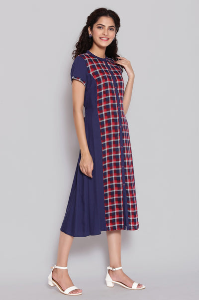 Dark Blue Mandarin Collar Gathered Dress