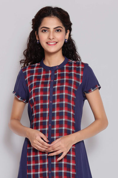 Dark Blue Mandarin Collar Gathered Dress