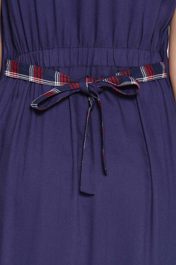 Dark Blue Mandarin Collar Gathered Dress
