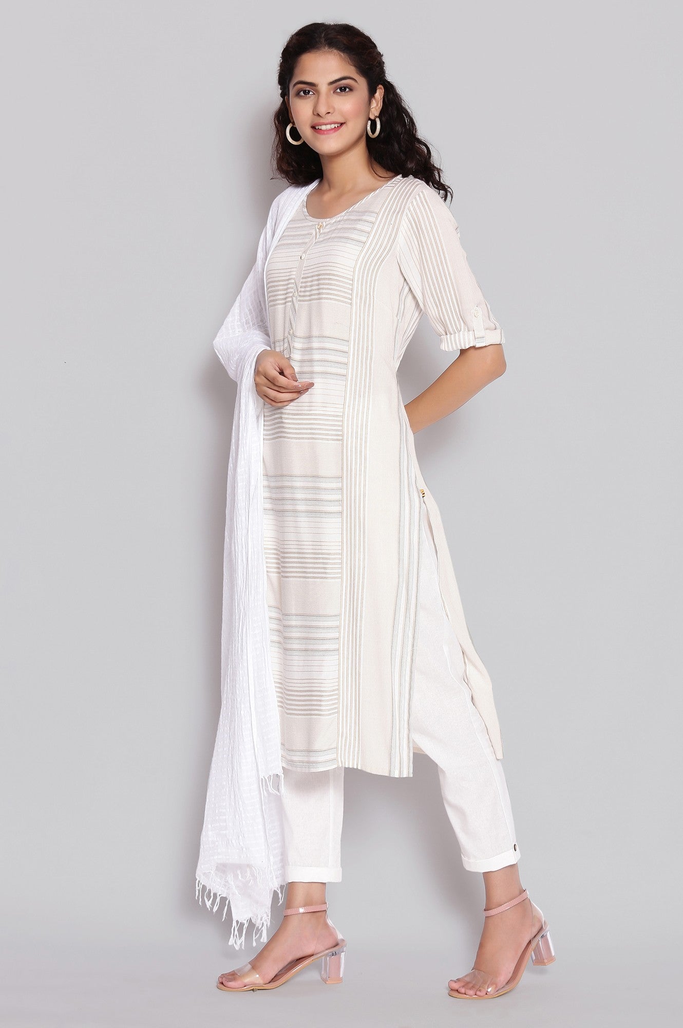 Beige Yarn-Dyed Geometric Print kurta