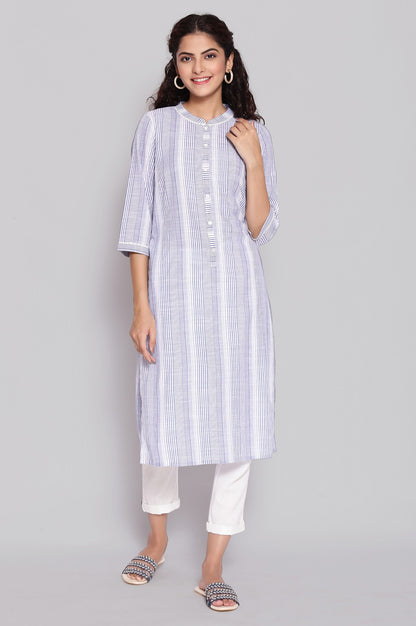 Blue Mandarin Collar Yarn-Dyed kurta