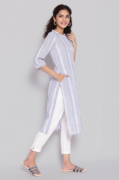 Blue Mandarin Collar Yarn-Dyed kurta