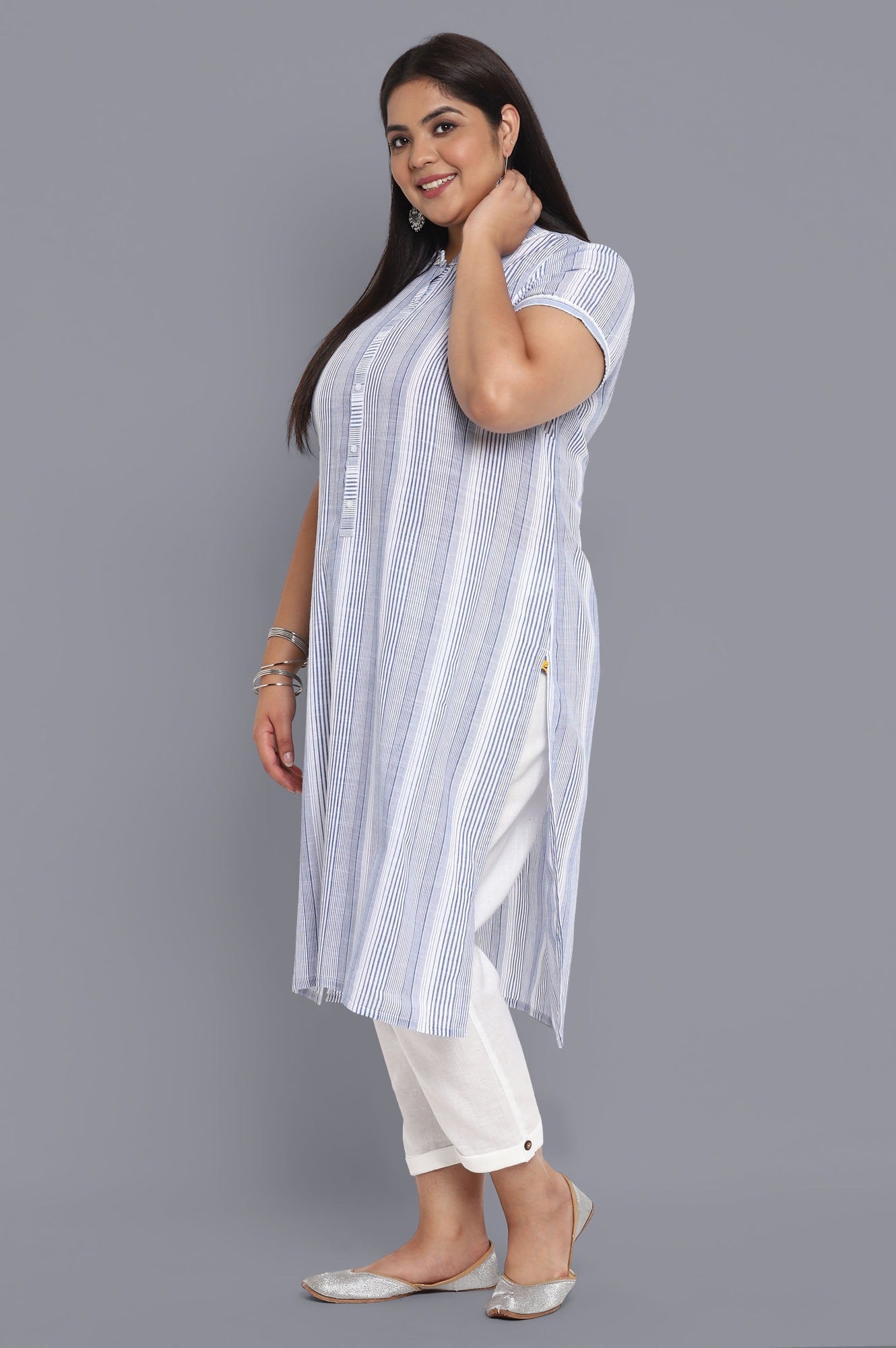 Blue Mandarin Collar Yarn-Dyed Cotton kurta