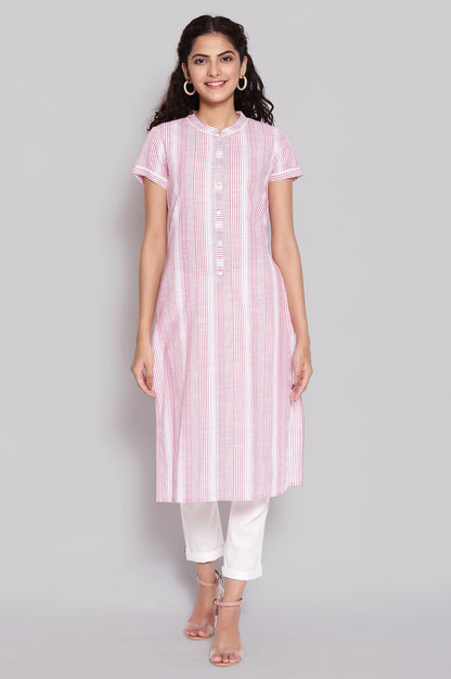 Pink Mandarin Collar Yarn-Dyed Cotton kurta