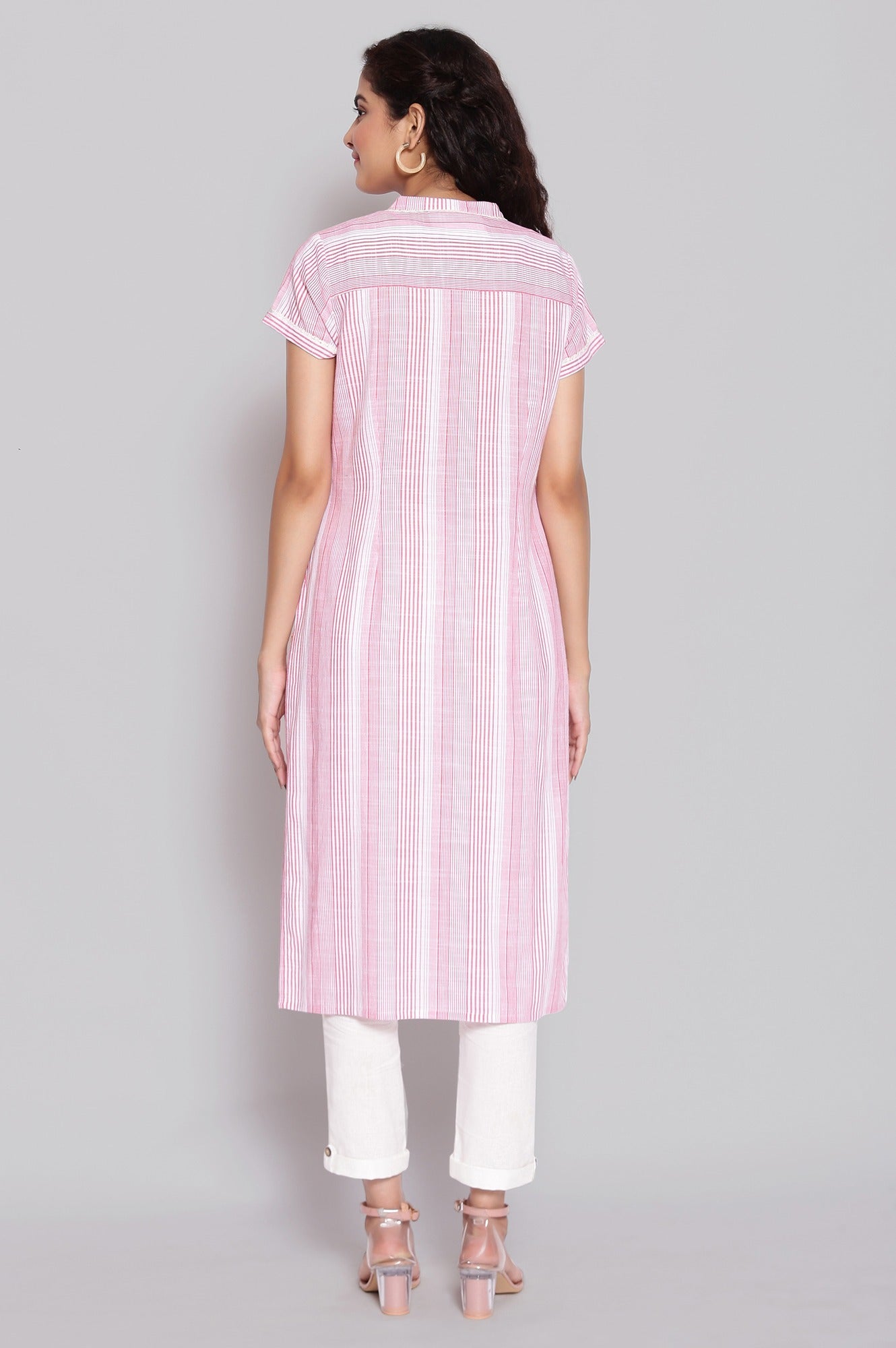 Pink Mandarin Collar Yarn-Dyed Cotton kurta