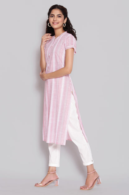 Pink Mandarin Collar Yarn-Dyed Cotton kurta