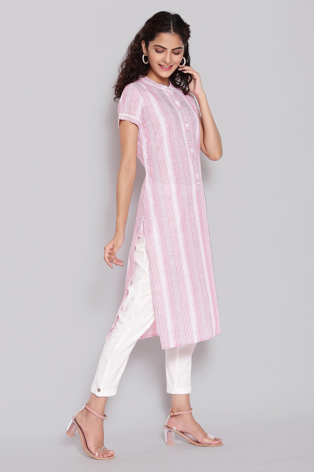 Pink Mandarin Collar Yarn-Dyed Cotton kurta