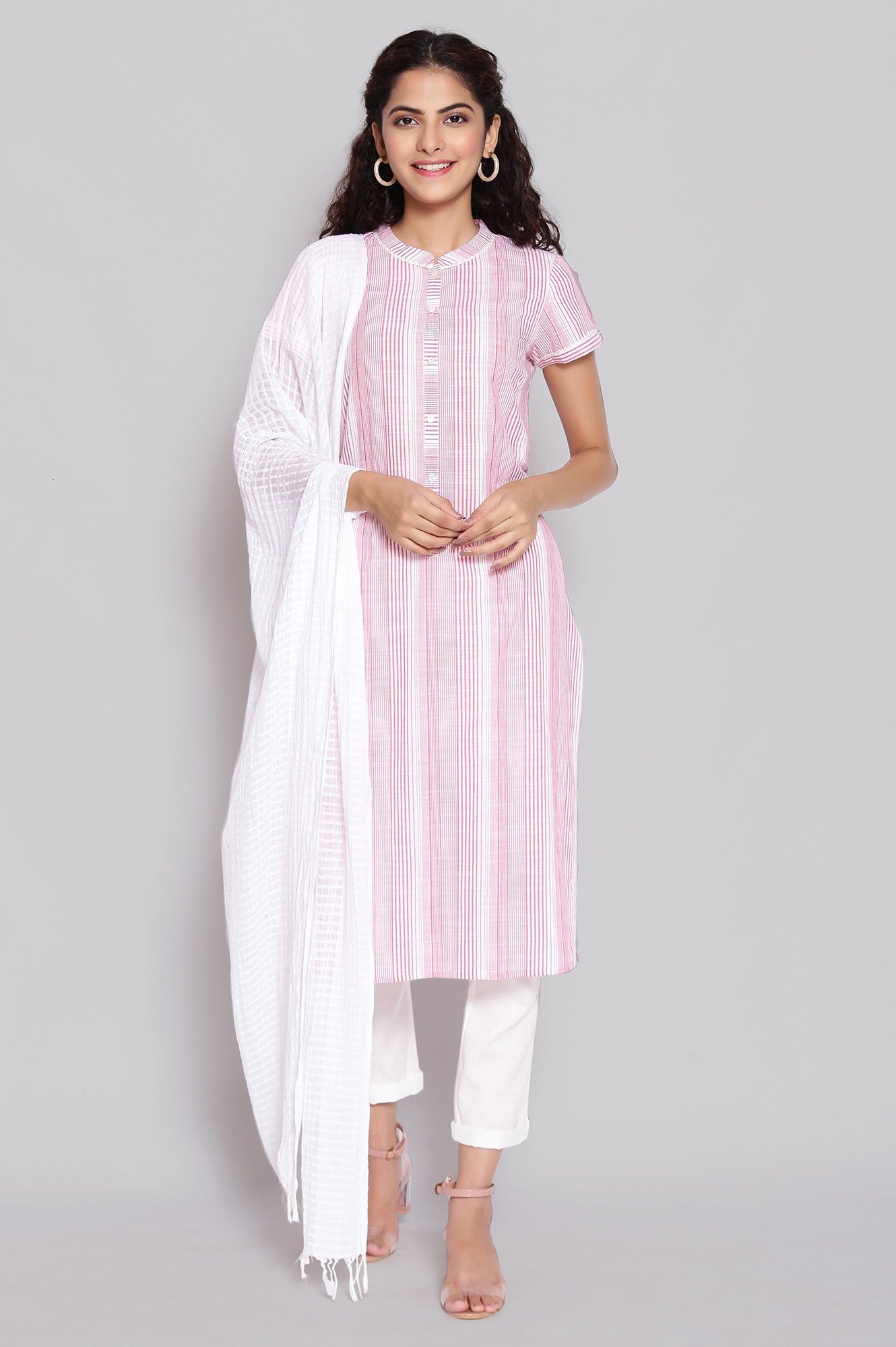 Pink Mandarin Collar Yarn-Dyed Cotton kurta