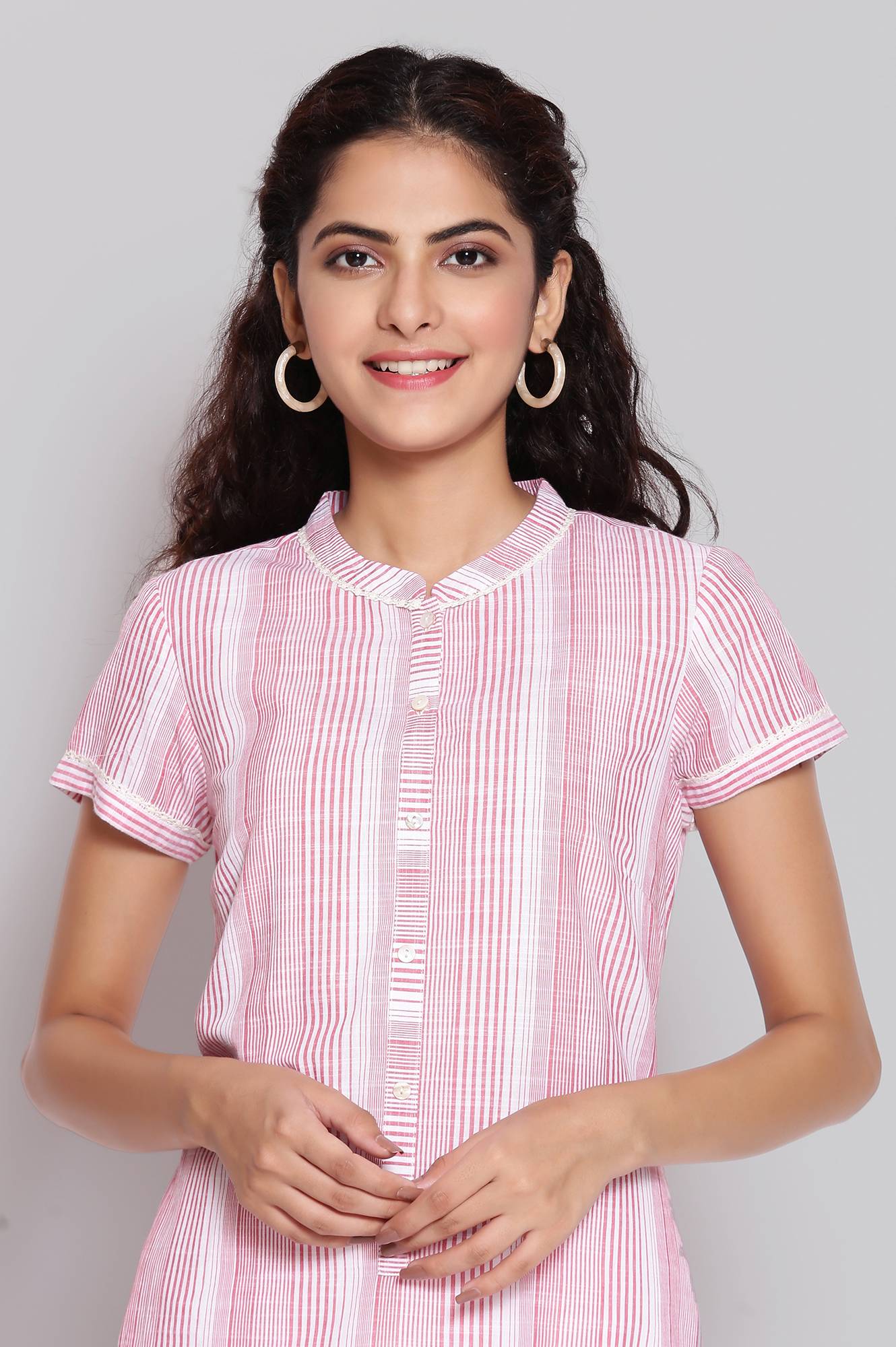 Pink Mandarin Collar Yarn-Dyed Cotton kurta