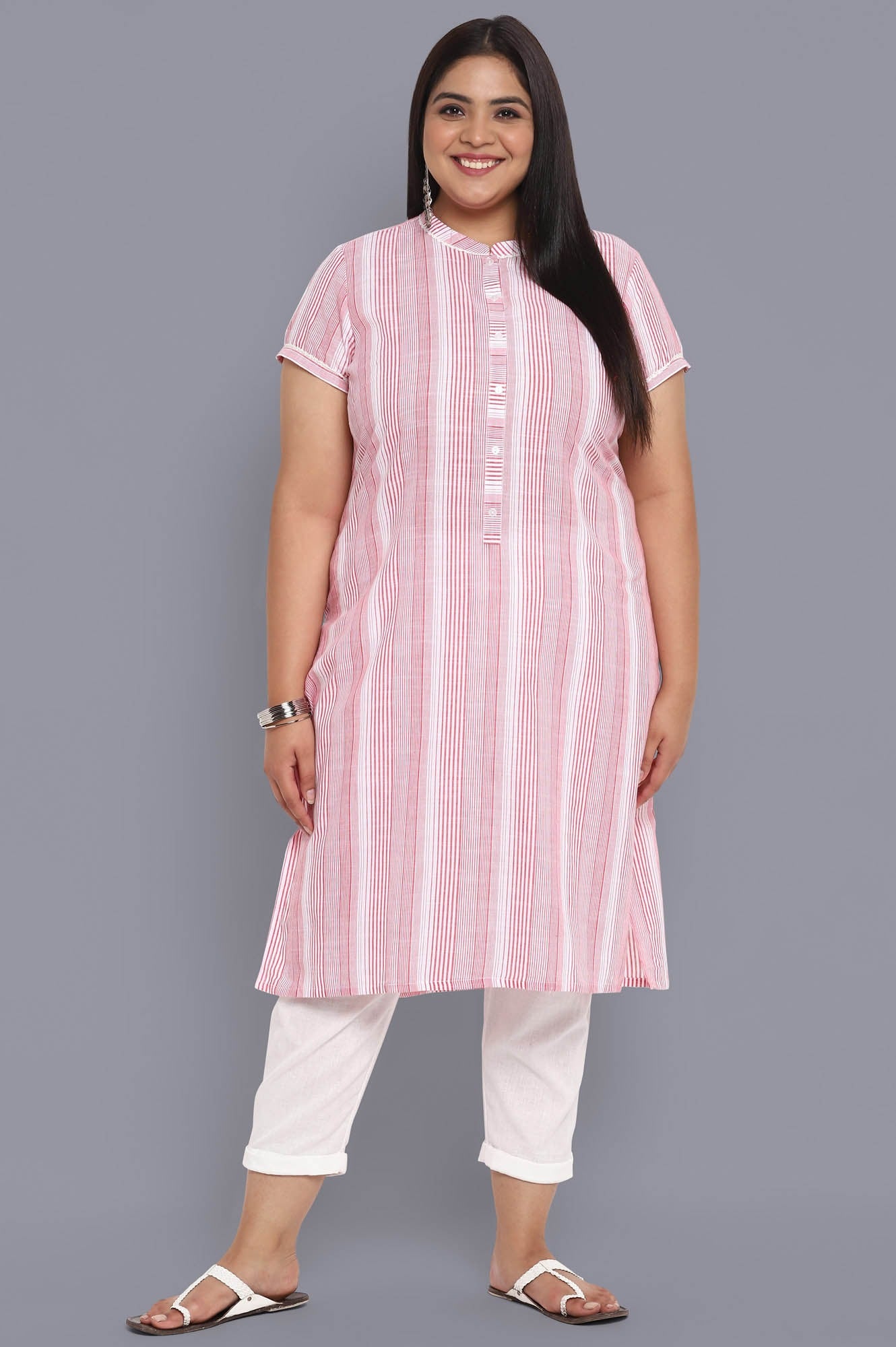 Pink Mandarin Collar Yarn-Dyed Cotton kurta