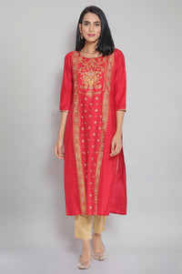 Red Round Neck Printed Straight kurta