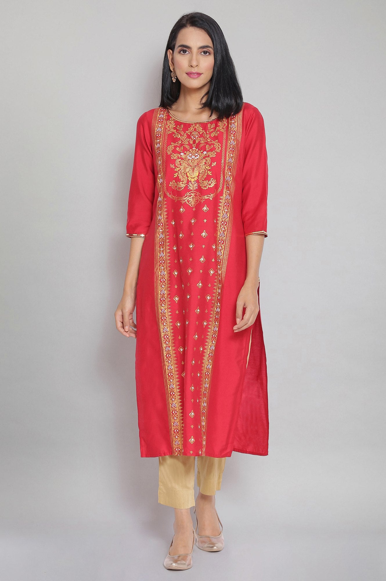 Red Round Neck Printed Straight kurta