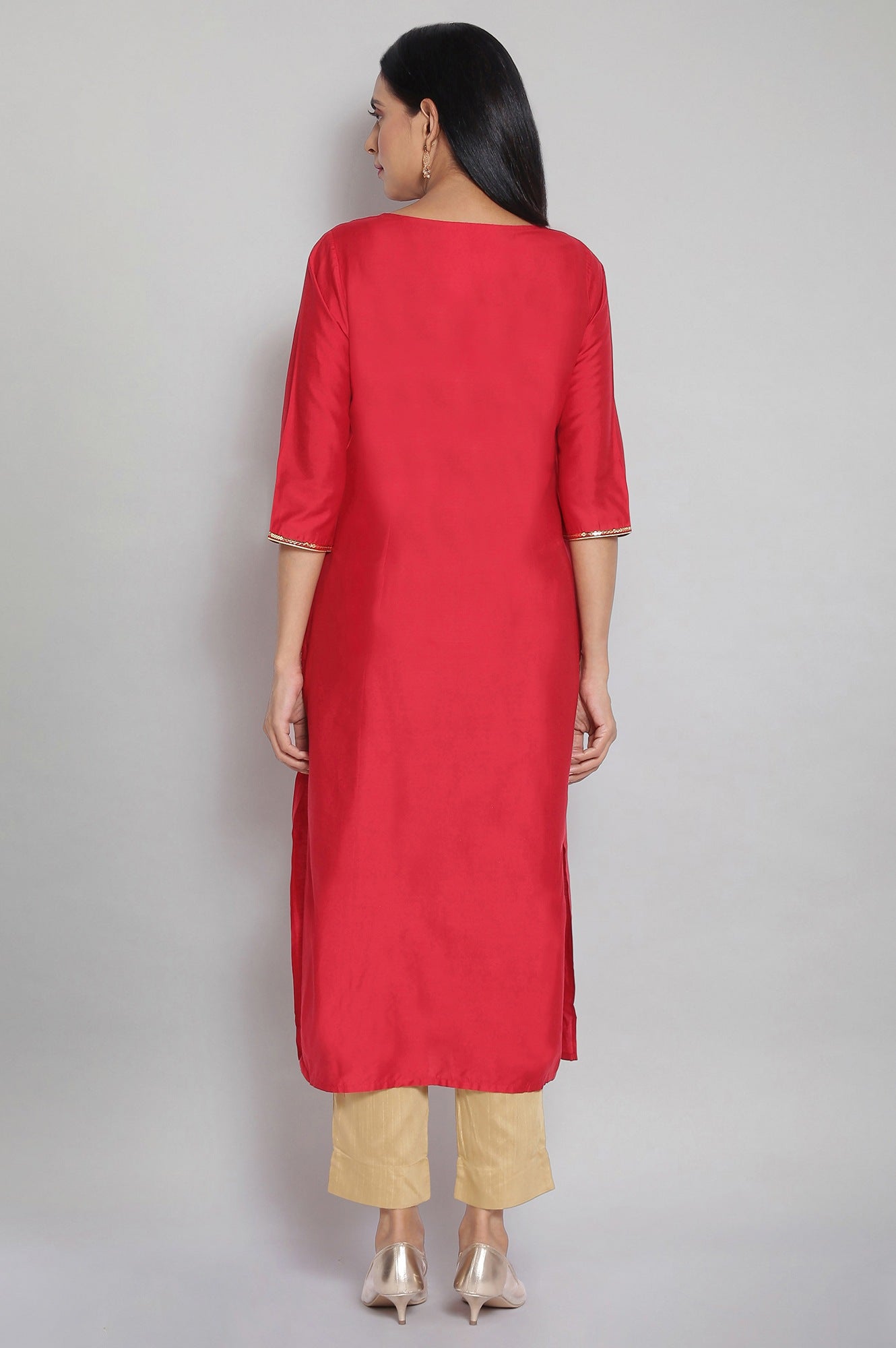 Red Round Neck Printed Straight kurta