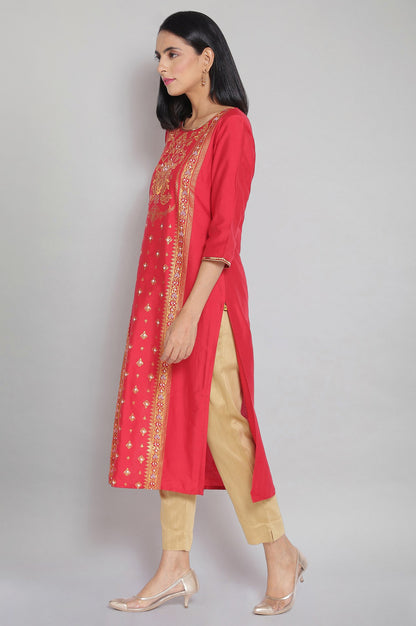 Red Round Neck Printed Straight kurta